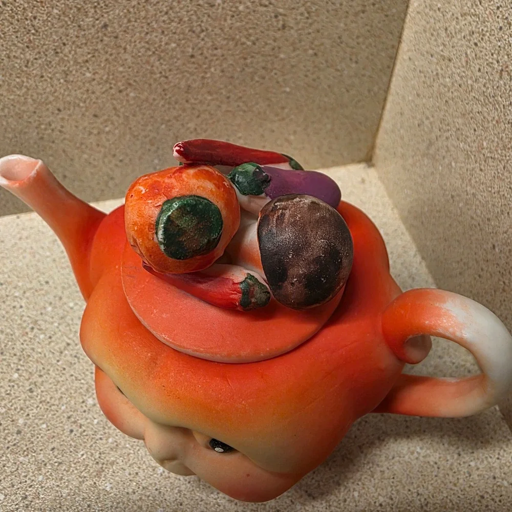 Small Orange Anthropomorphic Teapot Vegetable Face Kitsch Novelty Decor